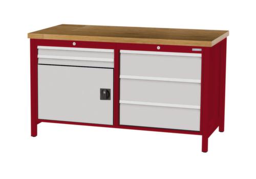 Bedrunka + Hirth Werkbank met blad van massief beuken en frame in vele kleuren, 5 laden, 1 kast