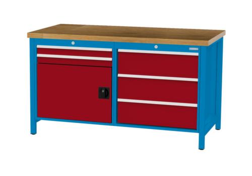 Bedrunka + Hirth Werkbank met blad van massief beuken en frame in vele kleuren, 5 laden, 1 kast