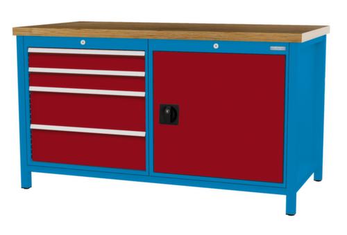 Bedrunka + Hirth Werkbank met blad van massief beuken en frame in vele kleuren, 4 laden, 1 kast