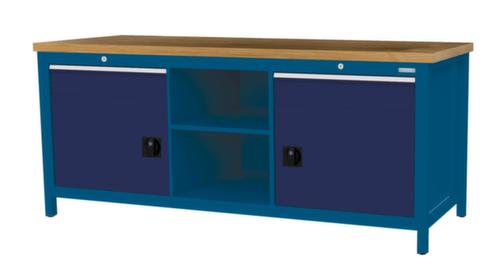 Bedrunka + Hirth Werkbank met blad van massief beuken en frame in vele kleuren, 2 laden, 2 kasten, 2 legborden