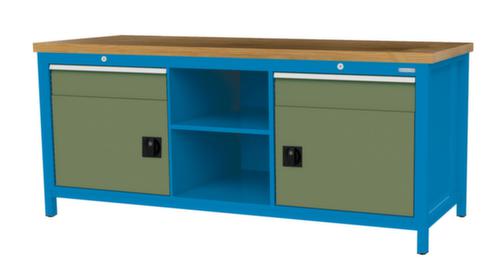Bedrunka + Hirth Werkbank met blad van massief beuken en frame in vele kleuren, 2 laden, 2 kasten, 2 legborden