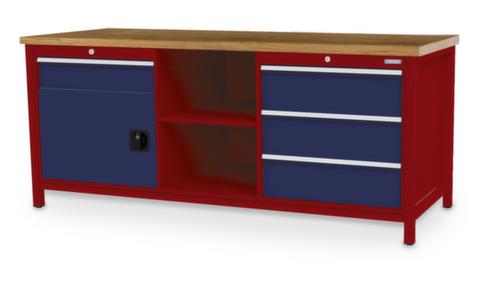 Bedrunka + Hirth Werkbank met blad van massief beuken en frame in vele kleuren, 3 laden, 1 kast, 2 legborden