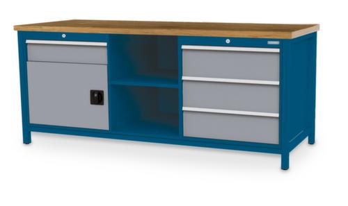 Bedrunka + Hirth Werkbank met blad van massief beuken en frame in vele kleuren, 3 laden, 1 kast, 2 legborden