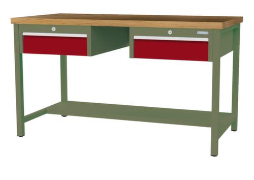 Bedrunka + Hirth Werkbank met blad van massief beuken en frame in vele kleuren, 2 laden, 1/2 legbord
