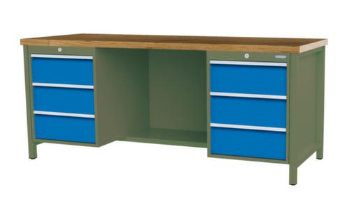 Bedrunka + Hirth Werkbank met blad van massief beuken en frame in vele kleuren, 6 laden, 1/2 legbord