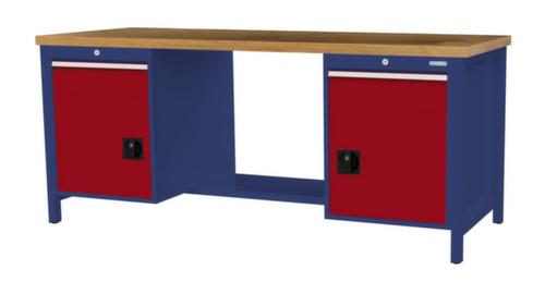 Bedrunka + Hirth Werkbank met blad van massief beuken en frame in vele kleuren, 2 laden, 2 kasten, 1/2 legbord