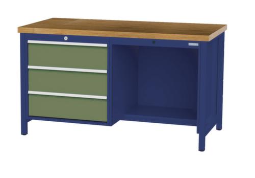 Bedrunka + Hirth Werkbank met blad van massief beuken en frame in vele kleuren, 3 laden, 1/2 legbord