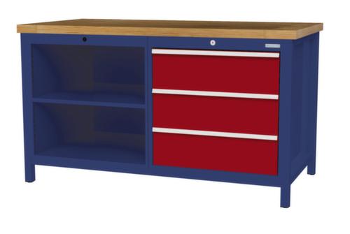 Bedrunka + Hirth Werkbank met blad van massief beuken en frame in vele kleuren, 3 laden, 2 legborden