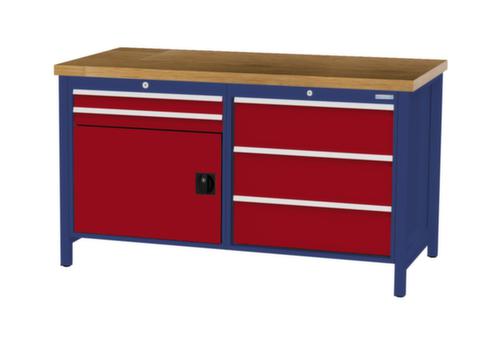 Bedrunka + Hirth Werkbank met blad van massief beuken en frame in vele kleuren, 5 laden, 1 kast