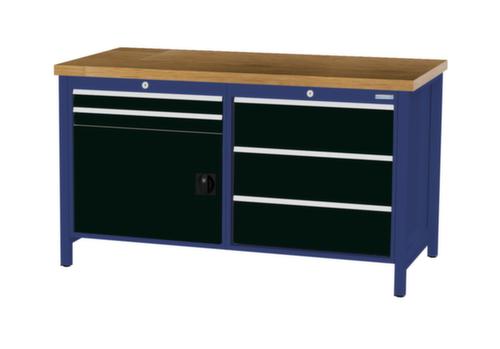 Bedrunka + Hirth Werkbank met blad van massief beuken en frame in vele kleuren, 5 laden, 1 kast