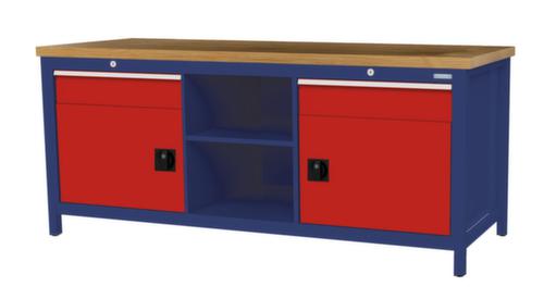 Bedrunka + Hirth Werkbank met blad van massief beuken en frame in vele kleuren, 2 laden, 2 kasten, 2 legborden