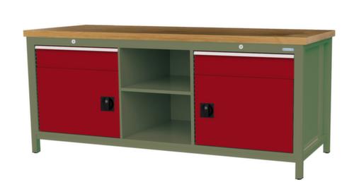 Bedrunka + Hirth Werkbank met blad van massief beuken en frame in vele kleuren, 2 laden, 2 kasten, 2 legborden
