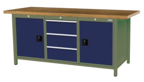 Bedrunka + Hirth Werkbank met blad van massief beuken en frame in vele kleuren, 3 laden, 2 kasten