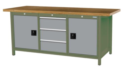 Bedrunka + Hirth Werkbank met blad van massief beuken en frame in vele kleuren, 3 laden, 2 kasten