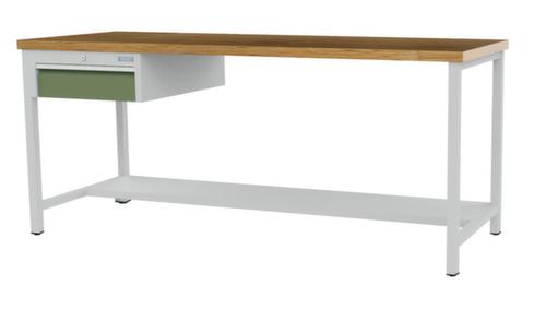 Bedrunka + Hirth Werkbank met blad van massief beuken en frame in vele kleuren, 1 lade, 1/2 legbord