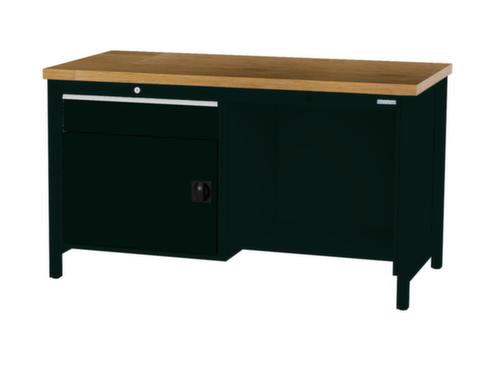 Bedrunka + Hirth Werkbank met blad van massief beuken en frame in vele kleuren, 1 lade, 1 kast, 1/2 legbord