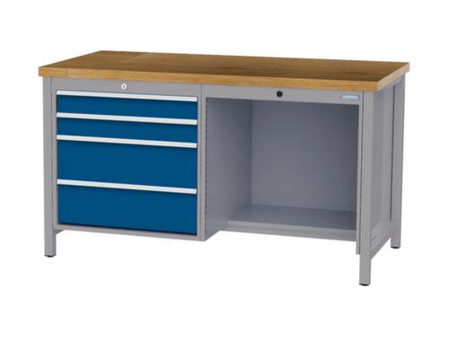 Bedrunka + Hirth Werkbank met blad van massief beuken en frame in vele kleuren, 4 laden, 1/2 legbord