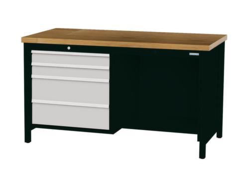 Bedrunka + Hirth Werkbank met blad van massief beuken en frame in vele kleuren, 4 laden, 1/2 legbord