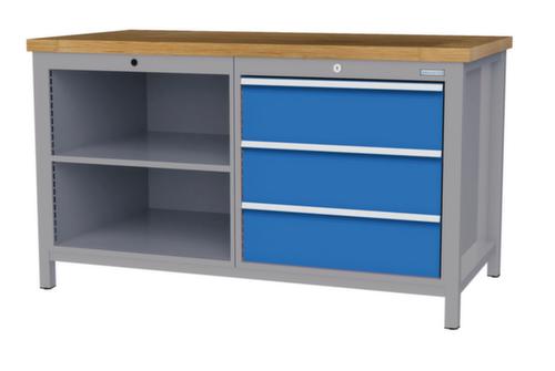Bedrunka + Hirth Werkbank met blad van massief beuken en frame in vele kleuren, 3 laden, 2 legborden