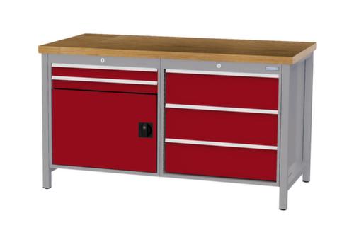 Bedrunka + Hirth Werkbank met blad van massief beuken en frame in vele kleuren, 5 laden, 1 kast