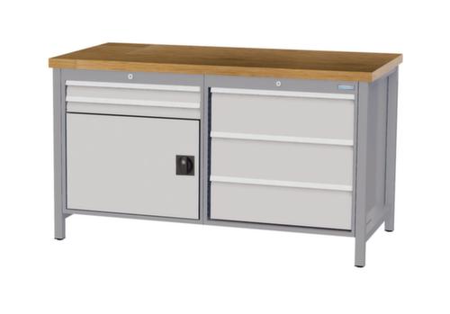 Bedrunka + Hirth Werkbank met blad van massief beuken en frame in vele kleuren, 5 laden, 1 kast