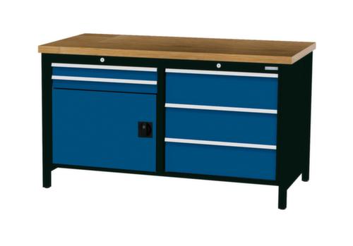 Bedrunka + Hirth Werkbank met blad van massief beuken en frame in vele kleuren, 5 laden, 1 kast