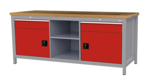 Bedrunka + Hirth Werkbank met blad van massief beuken en frame in vele kleuren, 2 laden, 2 kasten, 2 legborden