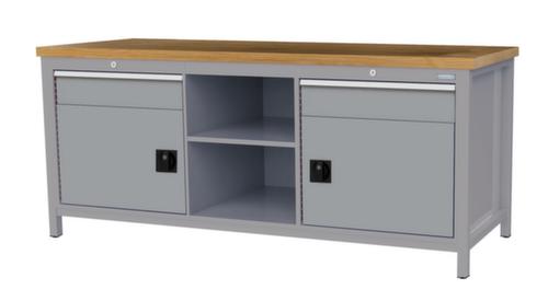 Bedrunka + Hirth Werkbank met blad van massief beuken en frame in vele kleuren, 2 laden, 2 kasten, 2 legborden