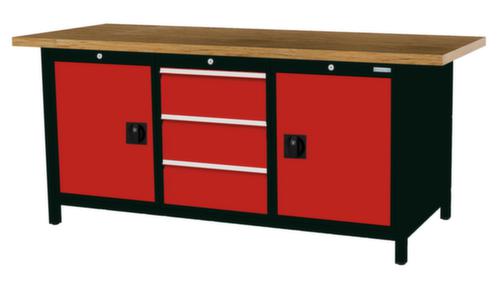 Bedrunka + Hirth Werkbank met blad van massief beuken en frame in vele kleuren, 3 laden, 2 kasten