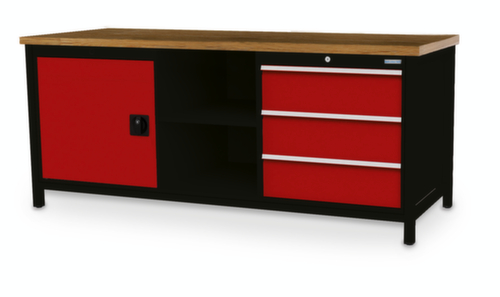 Bedrunka + Hirth Werkbank met blad van massief beuken en frame in vele kleuren, 3 laden, 1 kast, 2 legborden