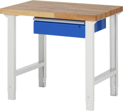 RAU In hoogte verstelbare werkbank Serie 7000, 1 lade, RAL7035 lichtgrijs/RAL5010 gentiaanblauw