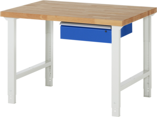 RAU In hoogte verstelbare werkbank Serie 7000, 1 lade, RAL7035 lichtgrijs/RAL5010 gentiaanblauw