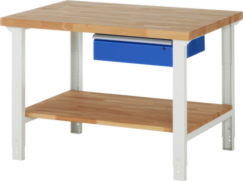 RAU In hoogte verstelbare werkbank Serie 7000, 1 lade, 1 legbord, RAL7035 lichtgrijs/RAL5010 gentiaanblauw
