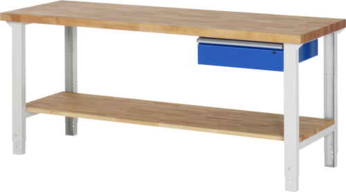 RAU In hoogte verstelbare werkbank Serie 7000, 1 lade, 1 legbord, RAL7035 lichtgrijs/RAL5010 gentiaanblauw