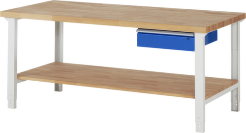 RAU In hoogte verstelbare werkbank Serie 7000, 1 lade, 1 legbord, RAL7035 lichtgrijs/RAL5010 gentiaanblauw