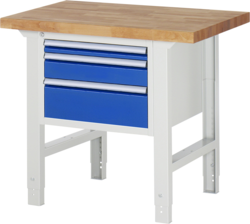 RAU In hoogte verstelbare werkbank Serie 7000, 3 laden, RAL7035 lichtgrijs/RAL5010 gentiaanblauw