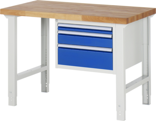 RAU In hoogte verstelbare werkbank Serie 7000, 3 laden, RAL7035 lichtgrijs/RAL5010 gentiaanblauw