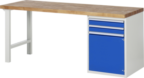 RAU werkbank Serie 7000 met containeronderstel, 2 laden, 1 kast, RAL7035 lichtgrijs/RAL5010 gentiaanblauw