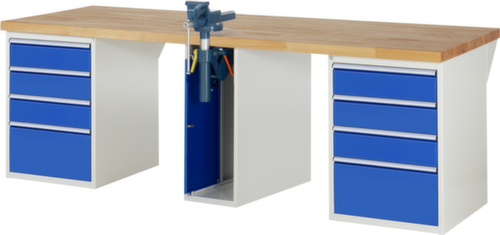 RAU werkbank Serie 7000 met containeronderstel, 8 laden, 1 kast, 1 bankschroef, RAL7035 lichtgrijs/RAL5010 gentiaanblauw