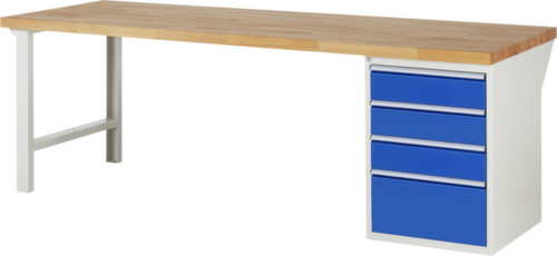 RAU werkbank Serie 7000 met containeronderstel, 4 laden, RAL7035 lichtgrijs/RAL5010 gentiaanblauw