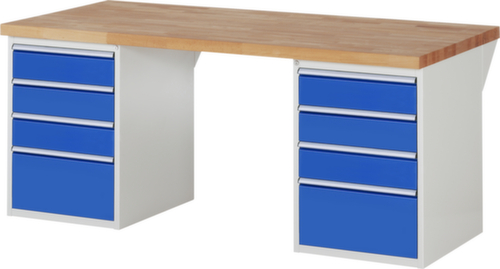 RAU werkbank Serie 7000 met containeronderstel, 8 laden, RAL7035 lichtgrijs/RAL5010 gentiaanblauw