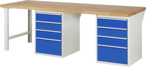 RAU werkbank Serie 7000 met containeronderstel, 8 laden, RAL7035 lichtgrijs/RAL5010 gentiaanblauw
