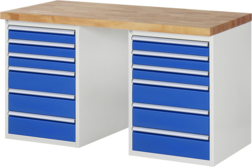 RAU werkbank Serie 7000 met containeronderstel, 12 laden, RAL7035 lichtgrijs/RAL5010 gentiaanblauw