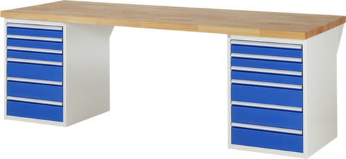 RAU werkbank Serie 7000 met containeronderstel, 12 laden, RAL7035 lichtgrijs/RAL5010 gentiaanblauw