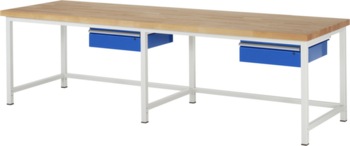 RAU In hoogte verstelbare werkbank Serie 8000, 2 laden, RAL7035 lichtgrijs/RAL5010 gentiaanblauw
