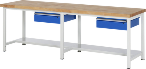 RAU In hoogte verstelbare werkbank Serie 8000, 2 laden, 1/2 legbord, RAL7035 lichtgrijs/RAL5010 gentiaanblauw