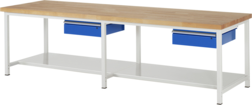 RAU In hoogte verstelbare werkbank Serie 8000, 2 laden, 1 legbord, RAL7035 lichtgrijs/RAL5010 gentiaanblauw