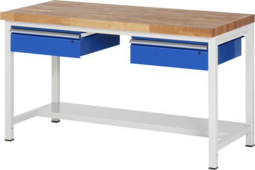 RAU In hoogte verstelbare werkbank Serie 8000, 2 laden, 1/2 legbord, RAL7035 lichtgrijs/RAL5010 gentiaanblauw