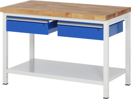RAU In hoogte verstelbare werkbank Serie 8000, 2 laden, 1 legbord, RAL7035 lichtgrijs/RAL5010 gentiaanblauw
