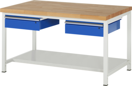RAU In hoogte verstelbare werkbank Serie 8000, 2 laden, 1 legbord, RAL7035 lichtgrijs/RAL5010 gentiaanblauw